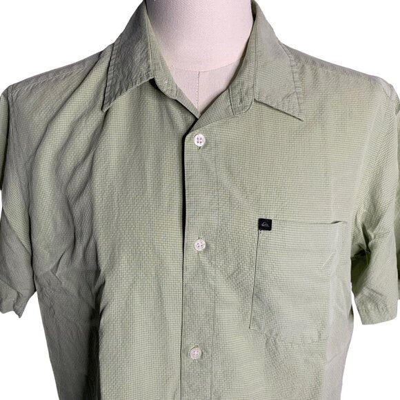 Quiksilver Button Up Camp Shirt S Green Checkered Short Sleeve Pocket Collar - Picture 2 of 6